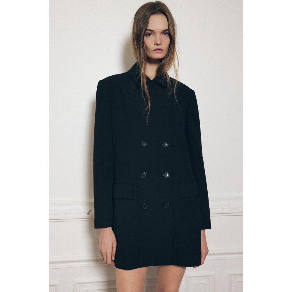 Zara Women Blazer Jacket S Black Double Breasted Buttoned Overcoat 9169/707 NWT